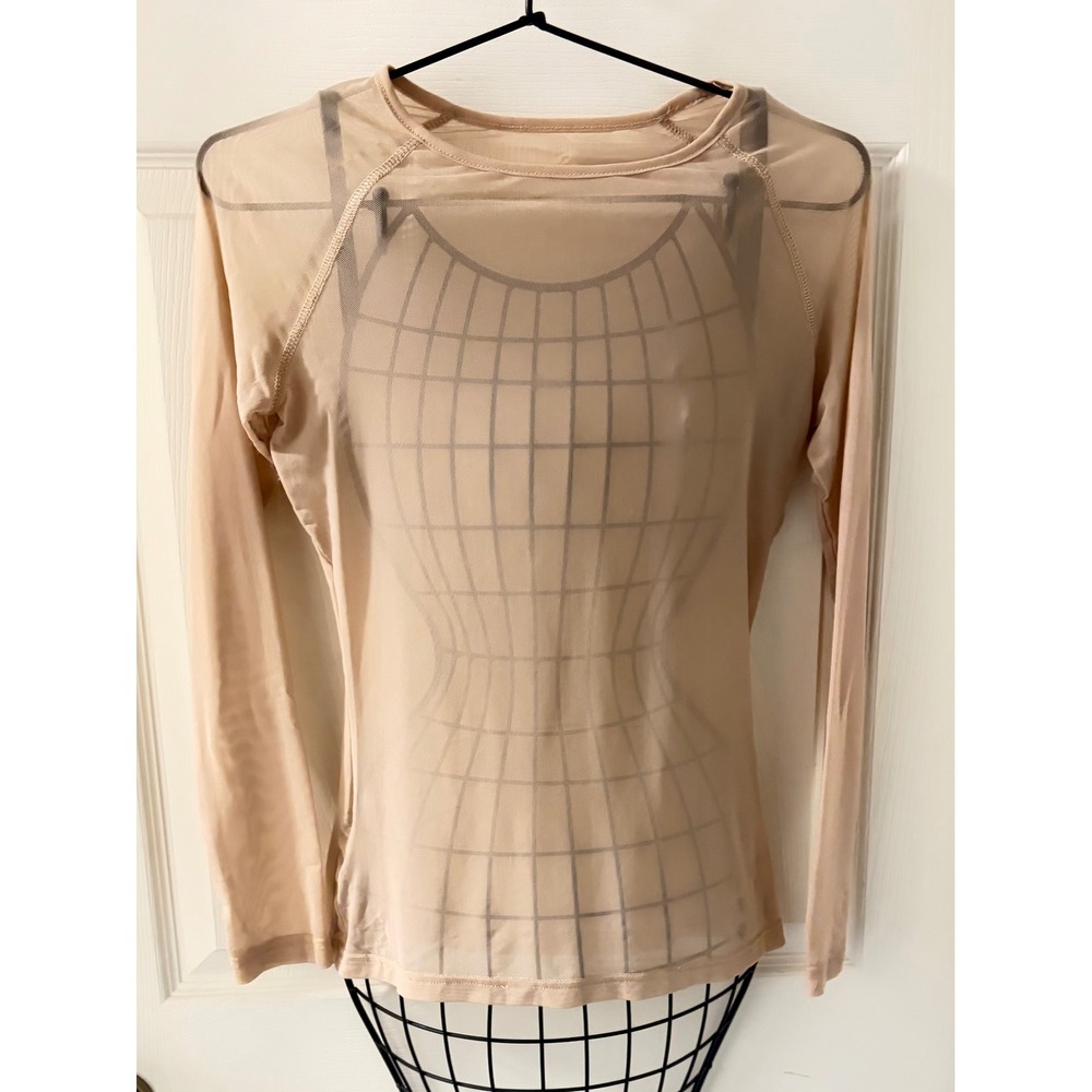 Kate Kasin Womens Nude Beige Sheer Mesh Long Sleeve Blouse Top Sz M Layering EUC